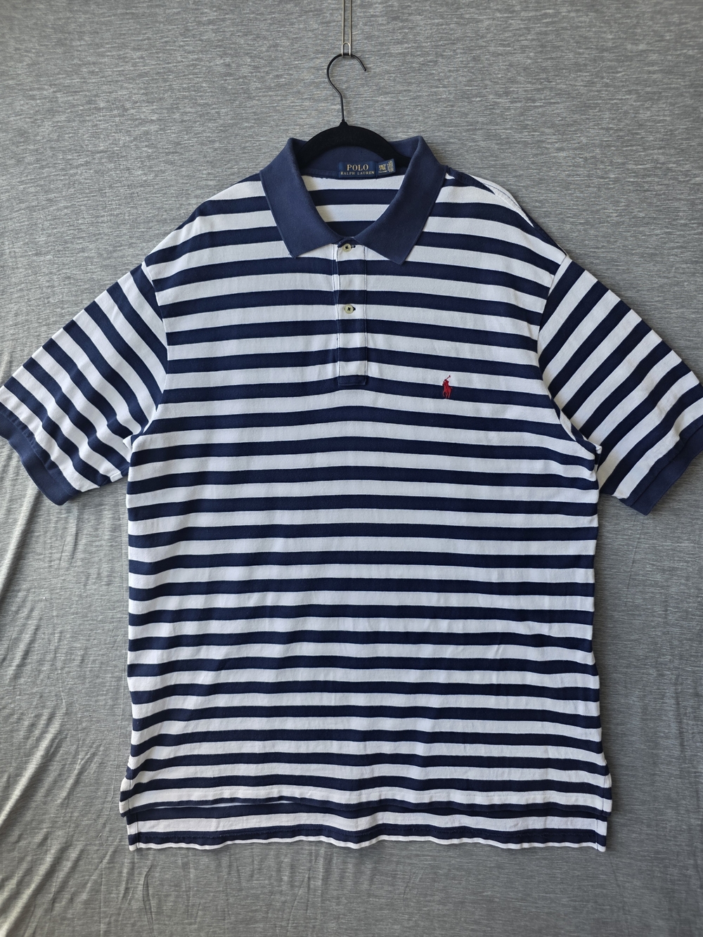 Ralph Lauren Navy & White Striped Polo with Red Pony Logo